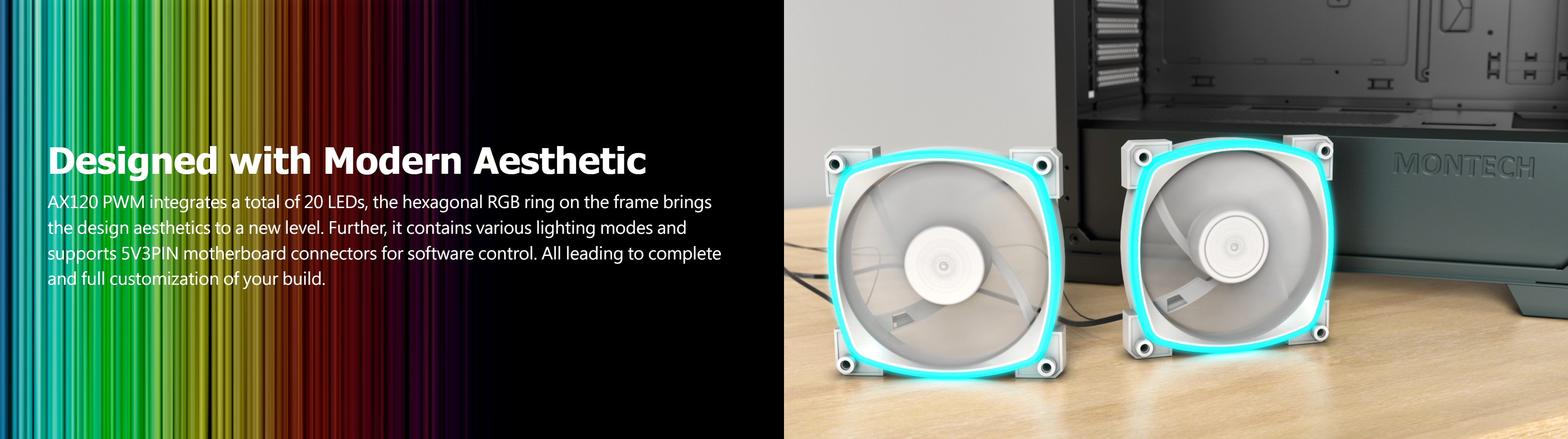 A large marketing image providing additional information about the product Montech AX120 3 Pack - ARGB PWM 120mm Fans (White) - Additional alt info not provided